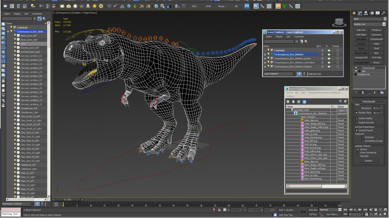 3D model Tyrannosaurus Rex Skeleton Fossil with Skin Rigged