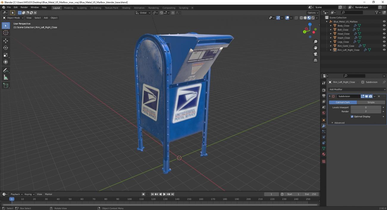 3D Blue Metal US Mailbox