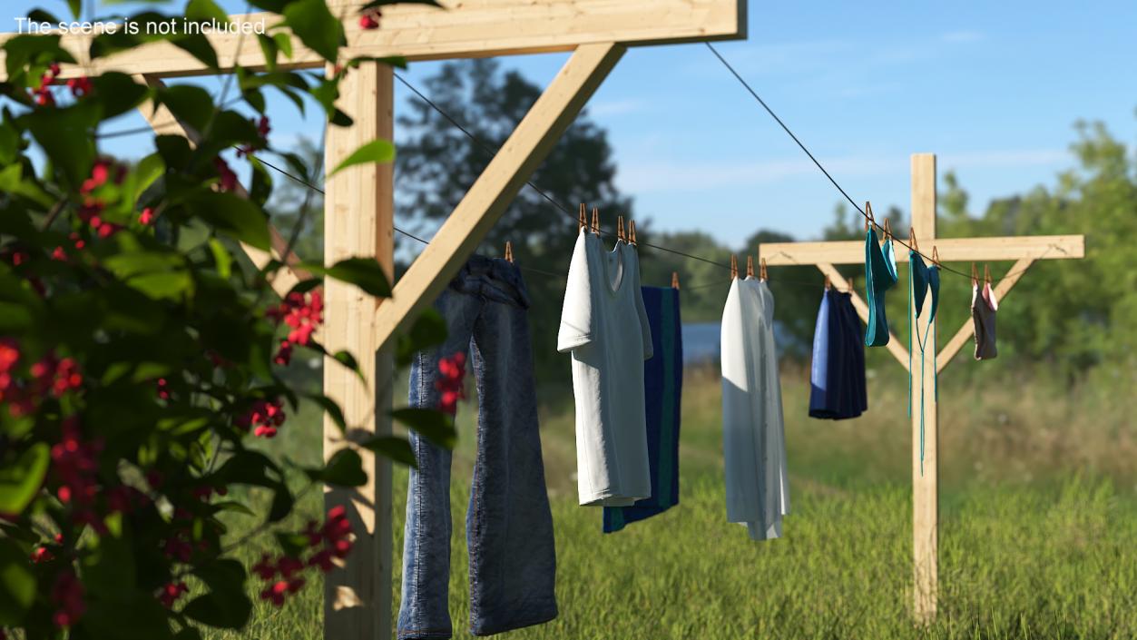 3D Clothes Hanging on Laundry Line