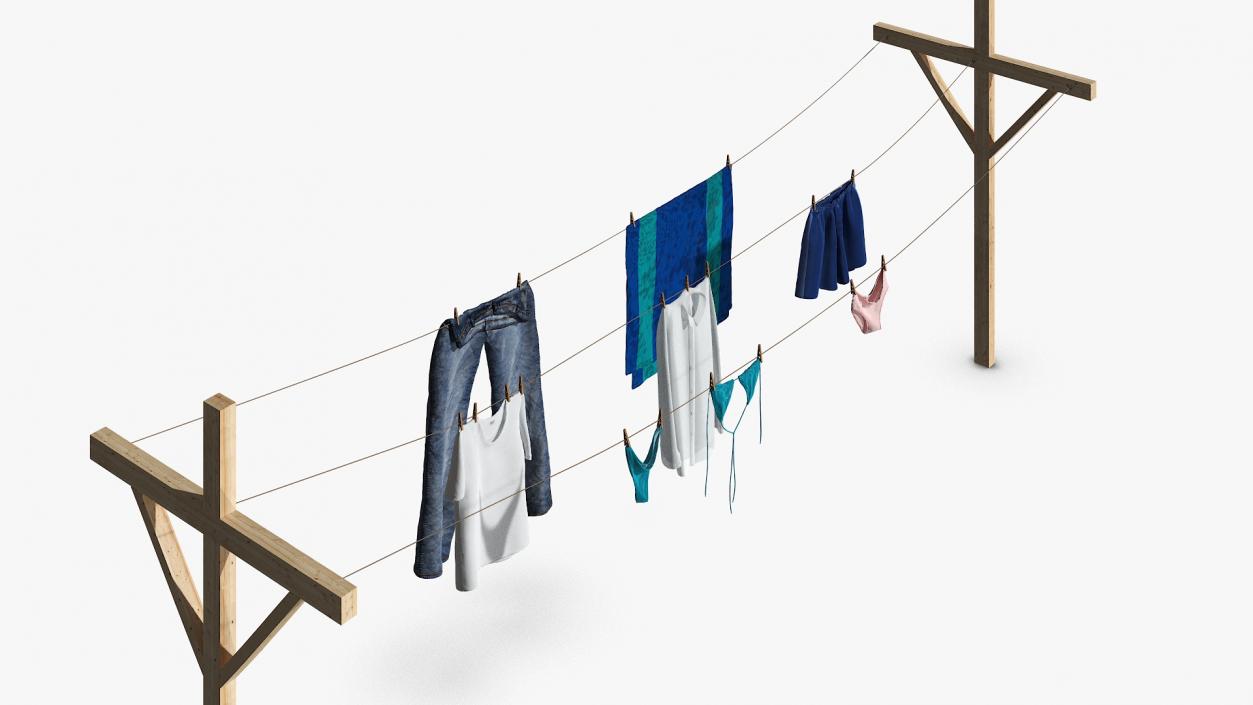 3D Clothes Hanging on Laundry Line