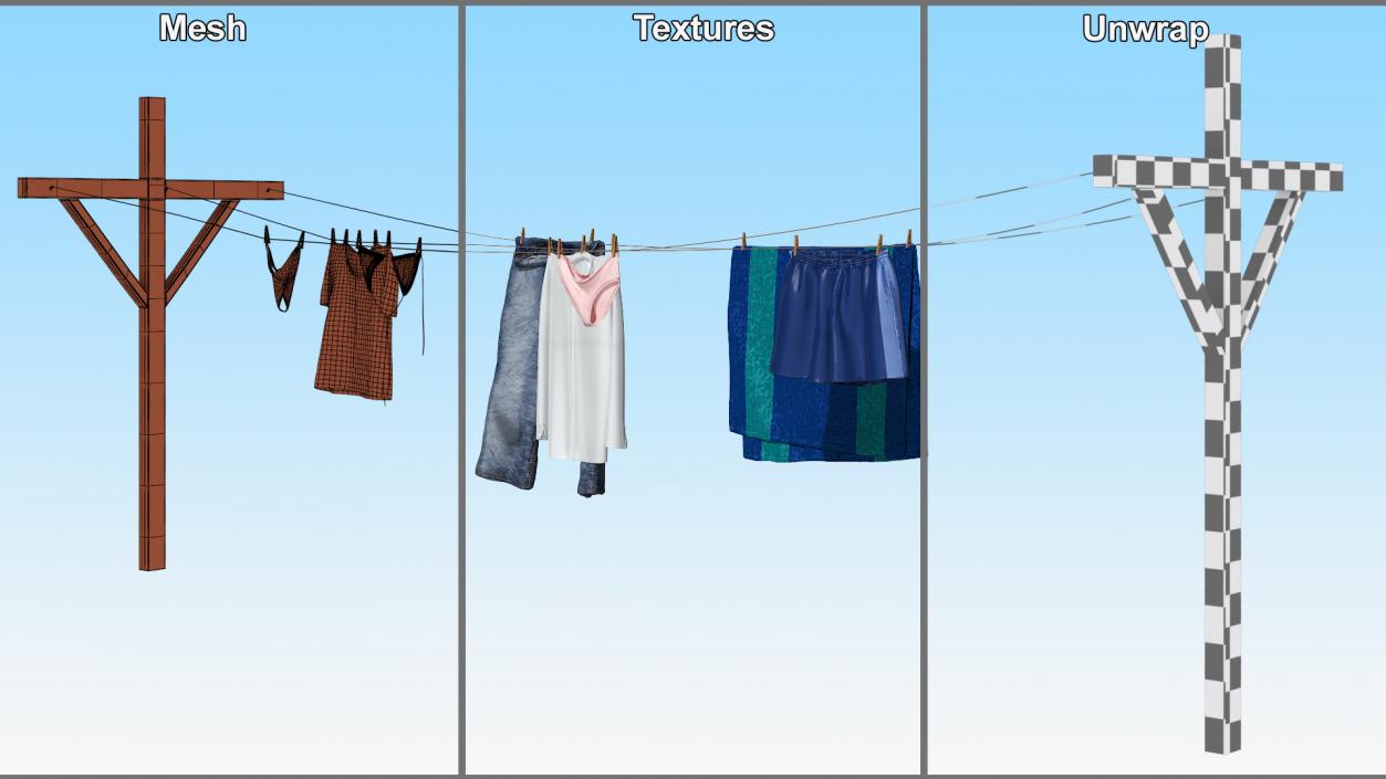 3D Clothes Hanging on Laundry Line