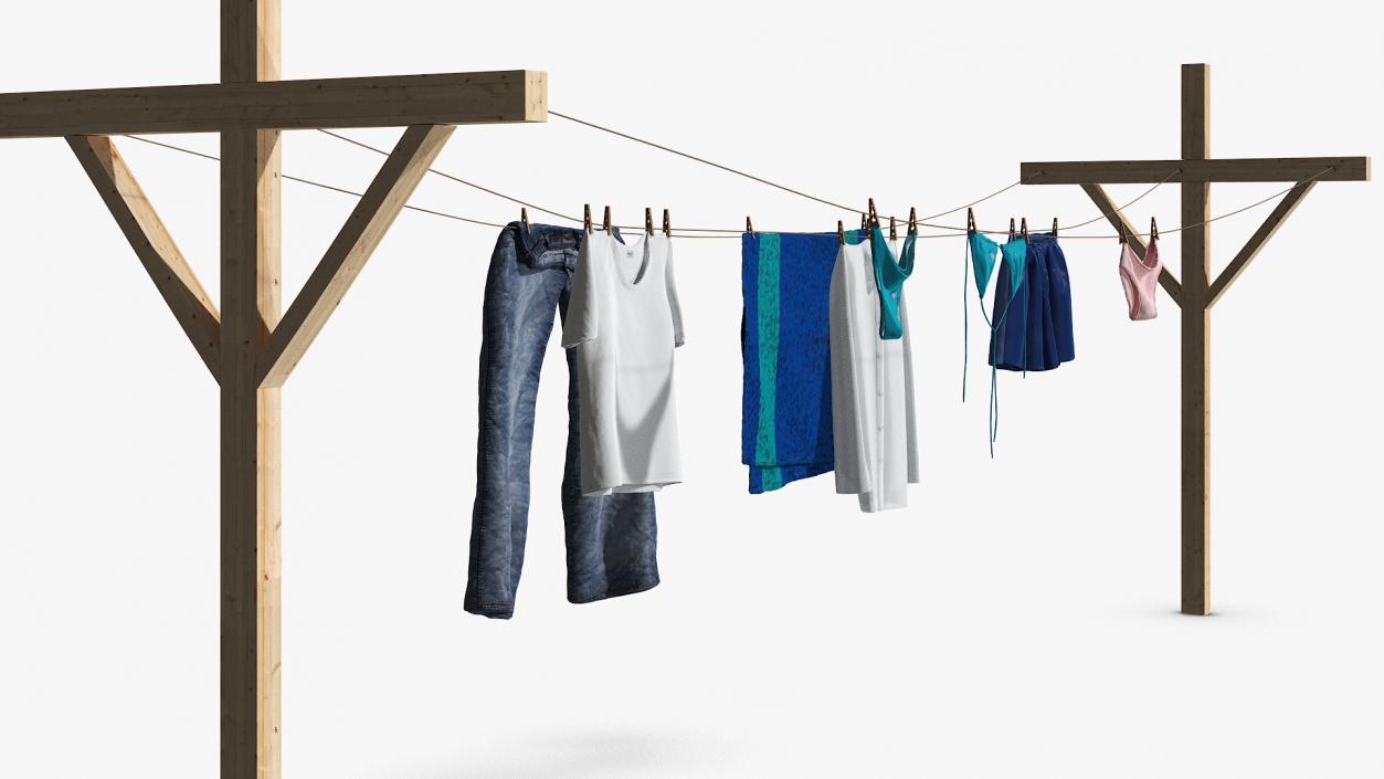 3D Clothes Hanging on Laundry Line