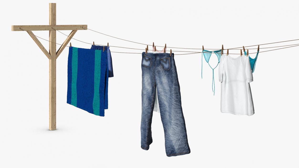 3D Clothes Hanging on Laundry Line