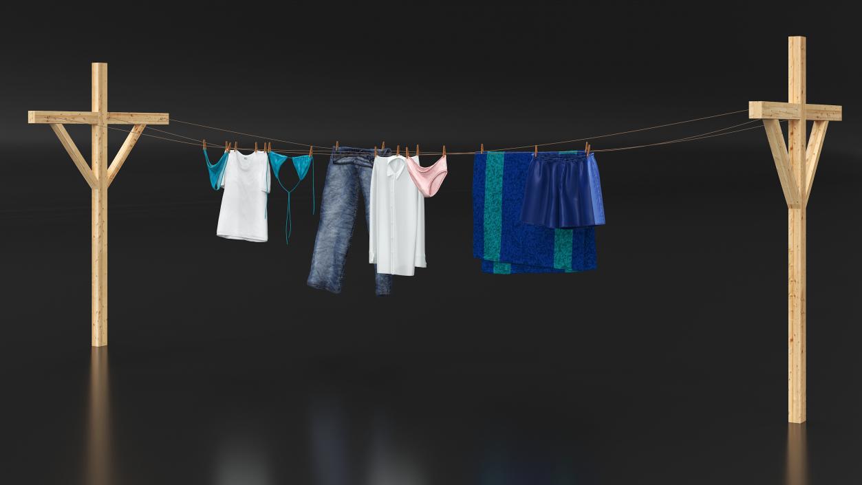 3D Clothes Hanging on Laundry Line