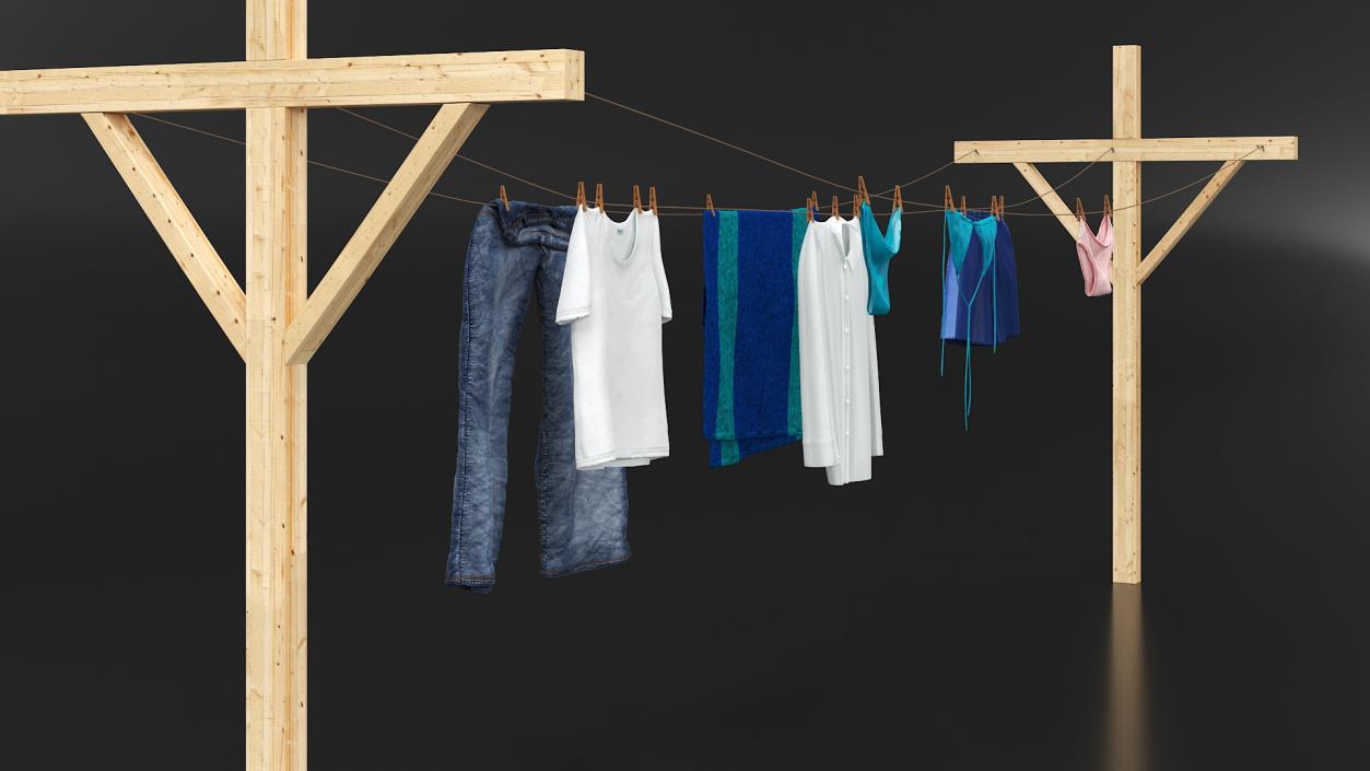 3D Clothes Hanging on Laundry Line