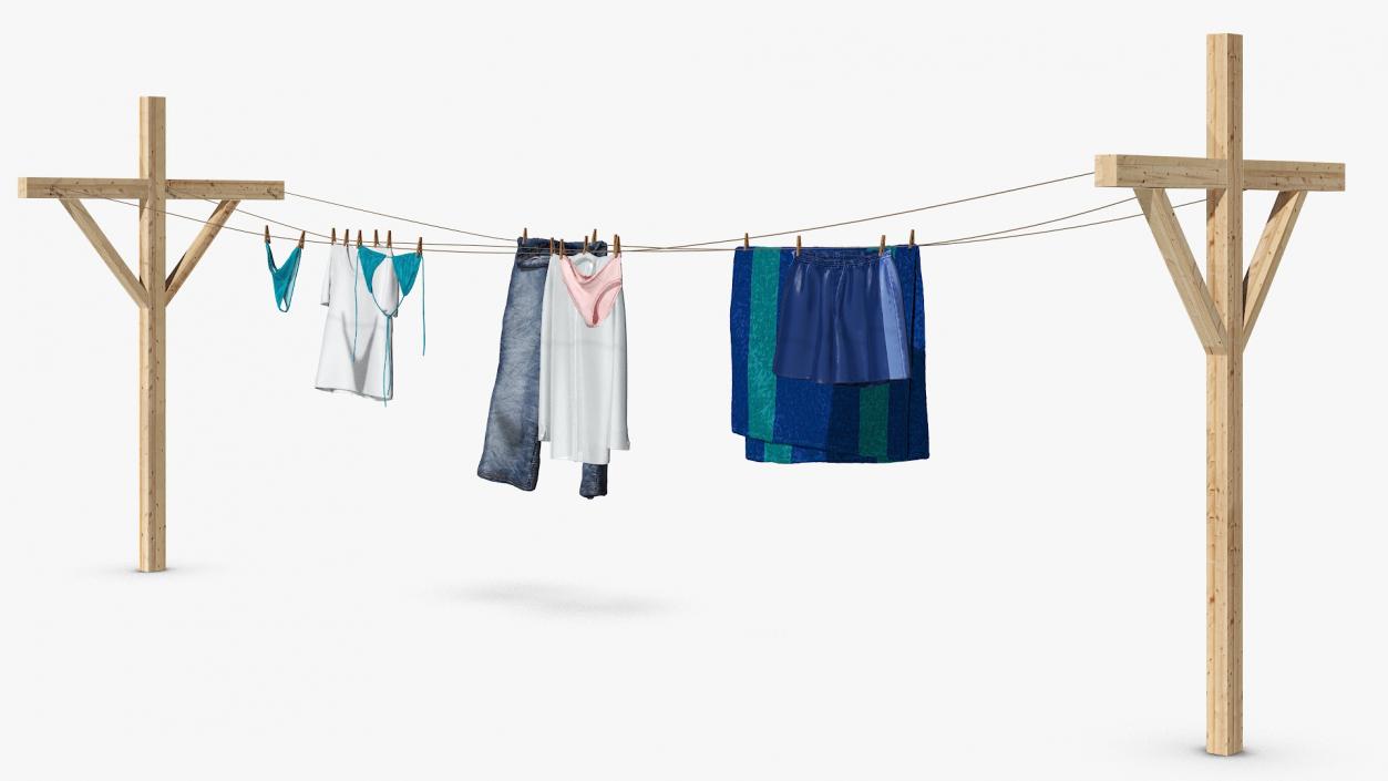 3D Clothes Hanging on Laundry Line