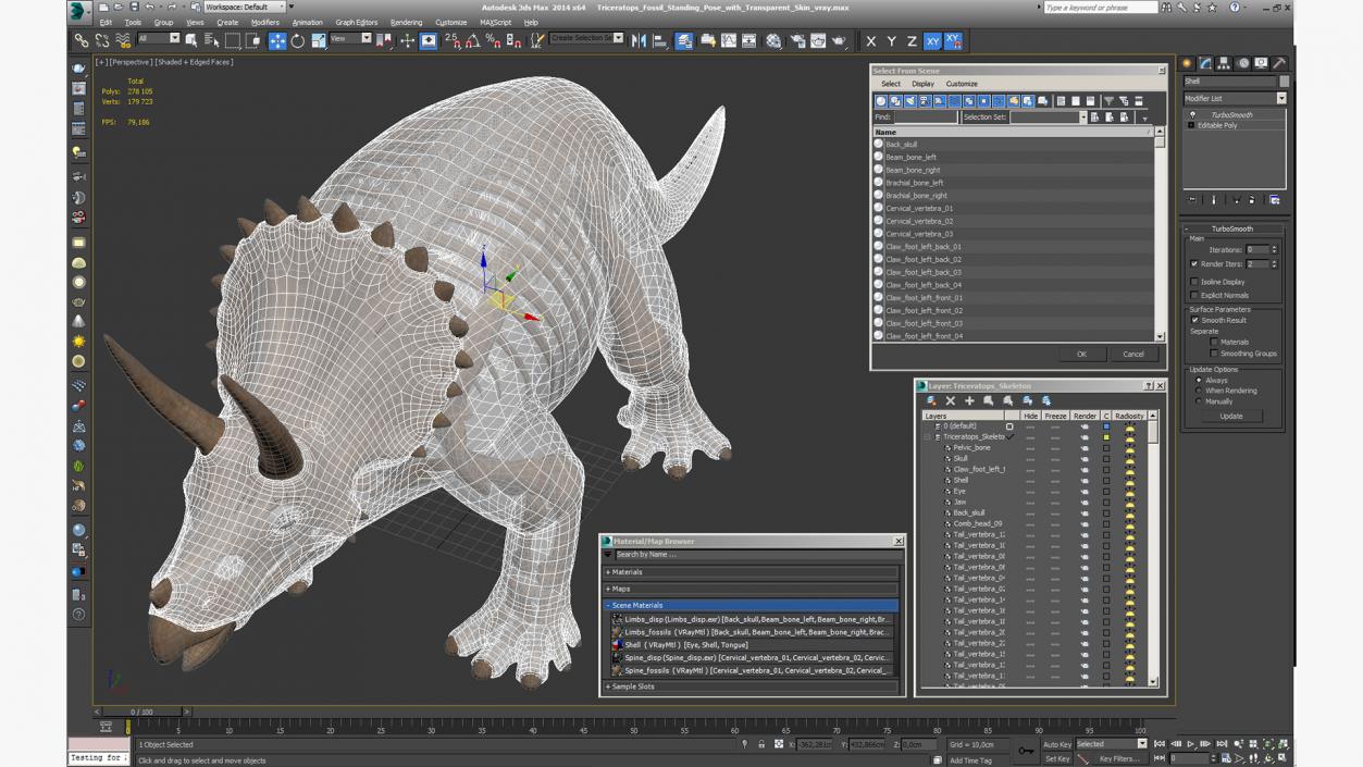 Triceratops Fossil Standing Pose with Transparent Skin 3D model