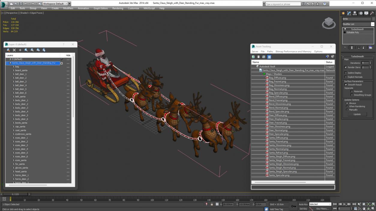 3D Santa Claus Sleigh with Deer Standing Fur