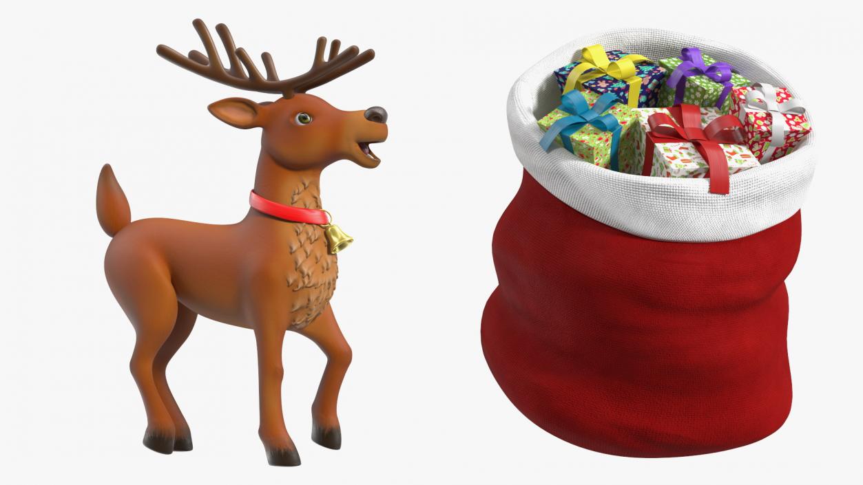 3D Santa Claus Sleigh with Deer Standing Fur