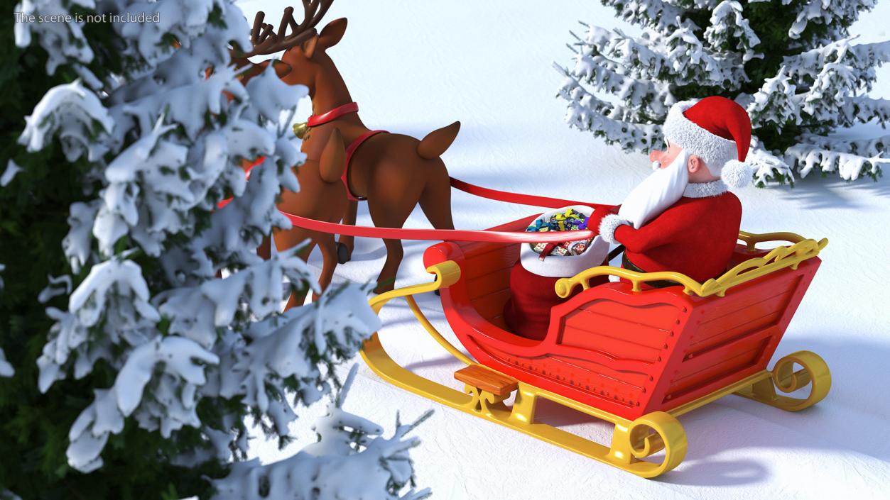 3D Santa Claus Sleigh with Deer Standing Fur