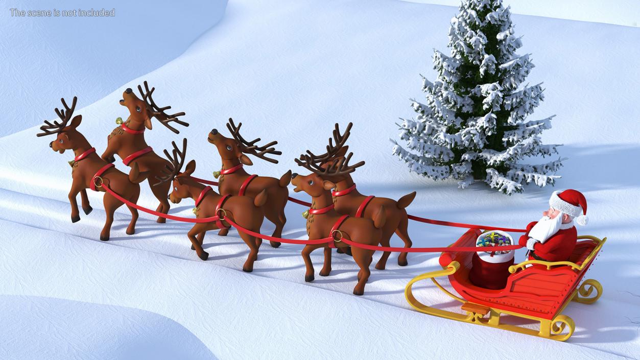 3D Santa Claus Sleigh with Deer Standing Fur