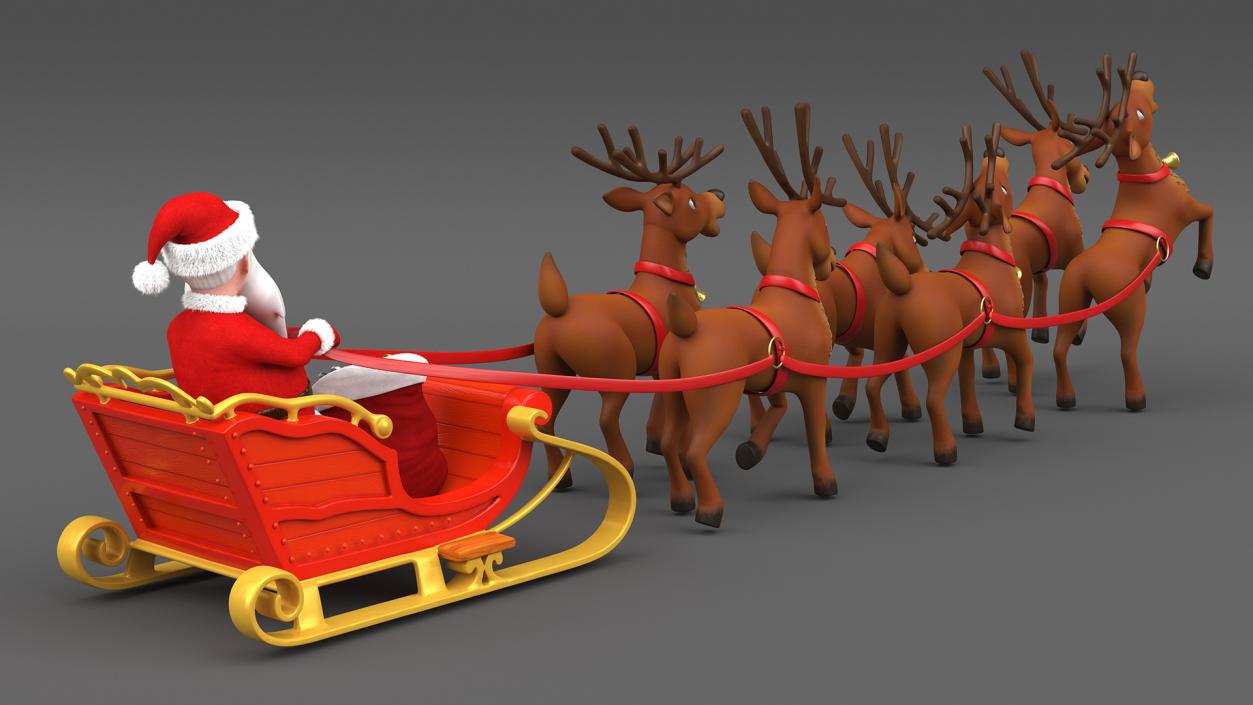 3D Santa Claus Sleigh with Deer Standing Fur