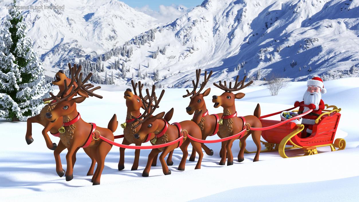 3D Santa Claus Sleigh with Deer Standing Fur