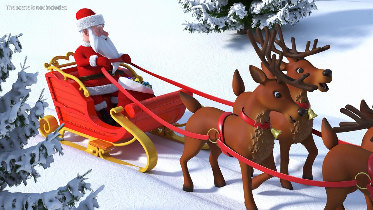 3D Santa Claus Sleigh with Deer Standing Fur