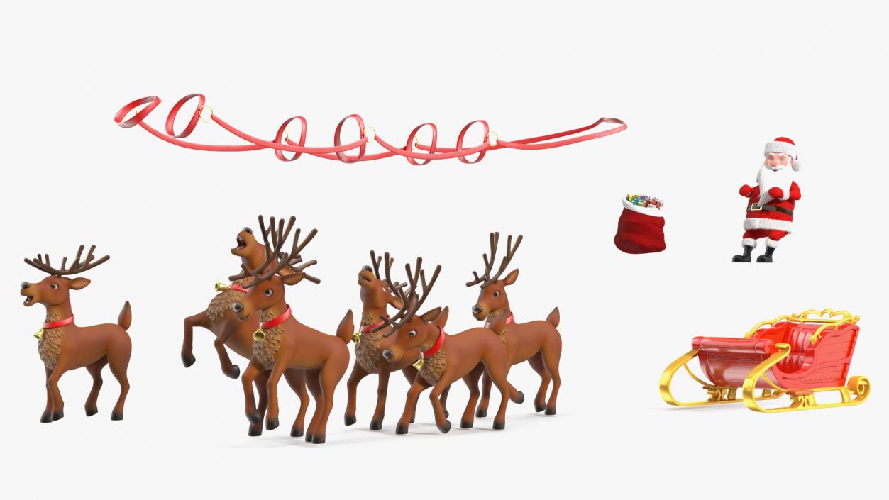 3D Santa Claus Sleigh with Deer Standing Fur