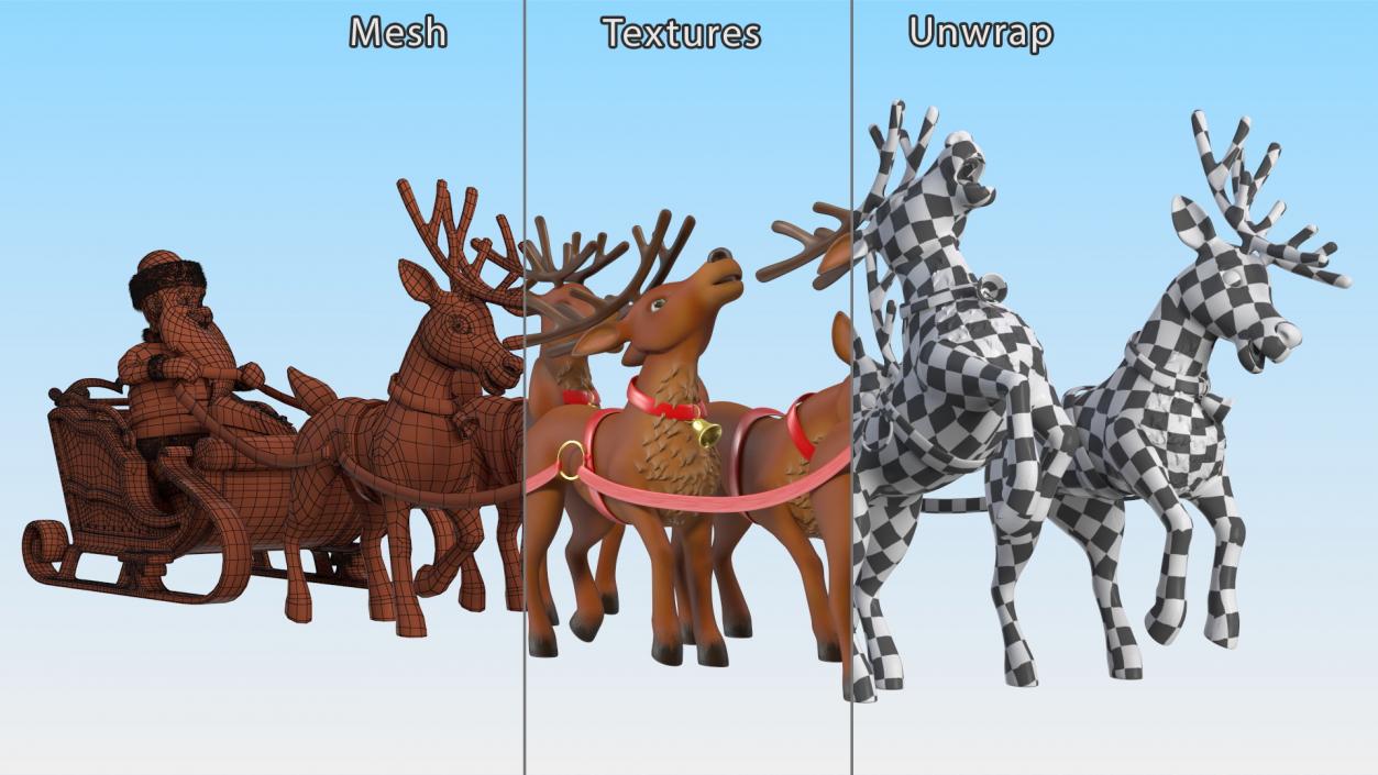 3D Santa Claus Sleigh with Deer Standing Fur