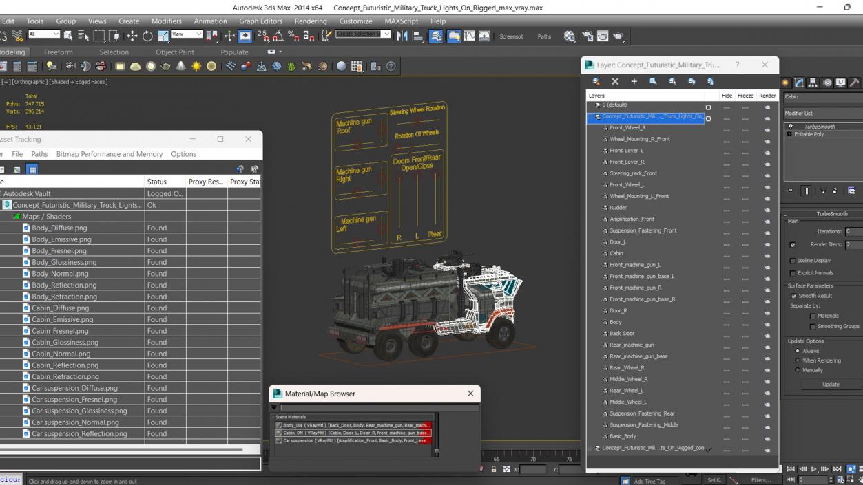 Concept Futuristic Military Truck Lights On Rigged for Maya 3D model