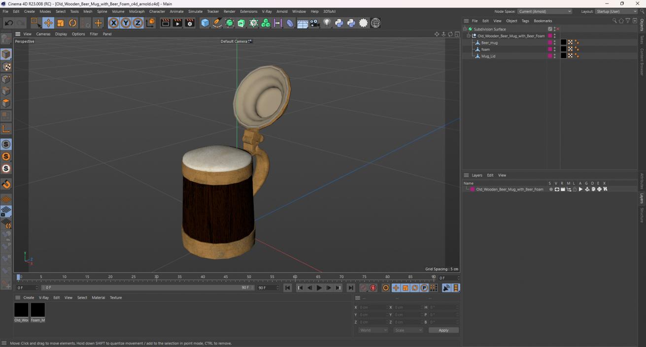 Old Wooden Beer Mug with Beer Foam 3D model