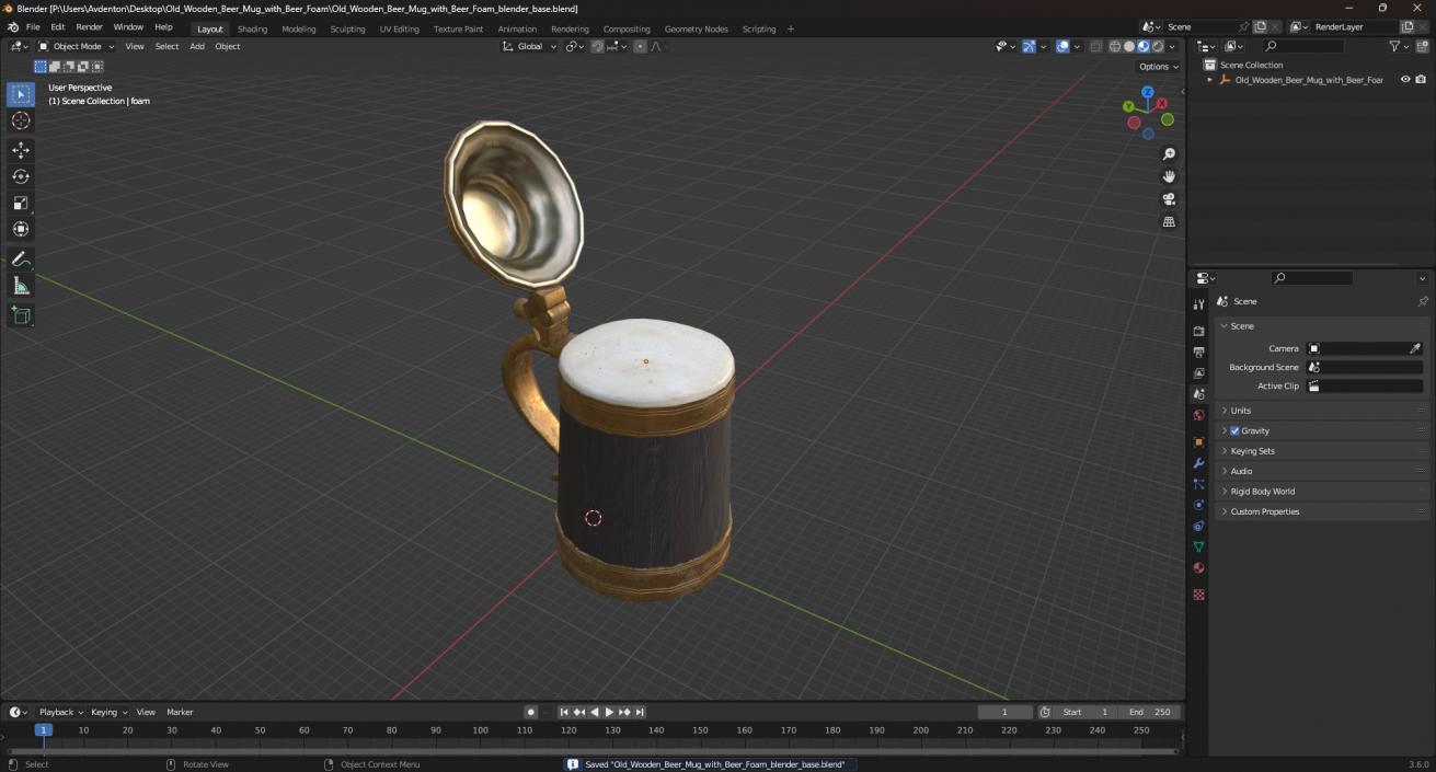 Old Wooden Beer Mug with Beer Foam 3D model