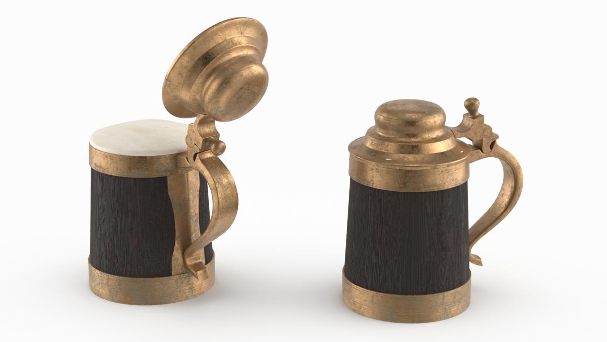 Old Wooden Beer Mug with Beer Foam 3D model