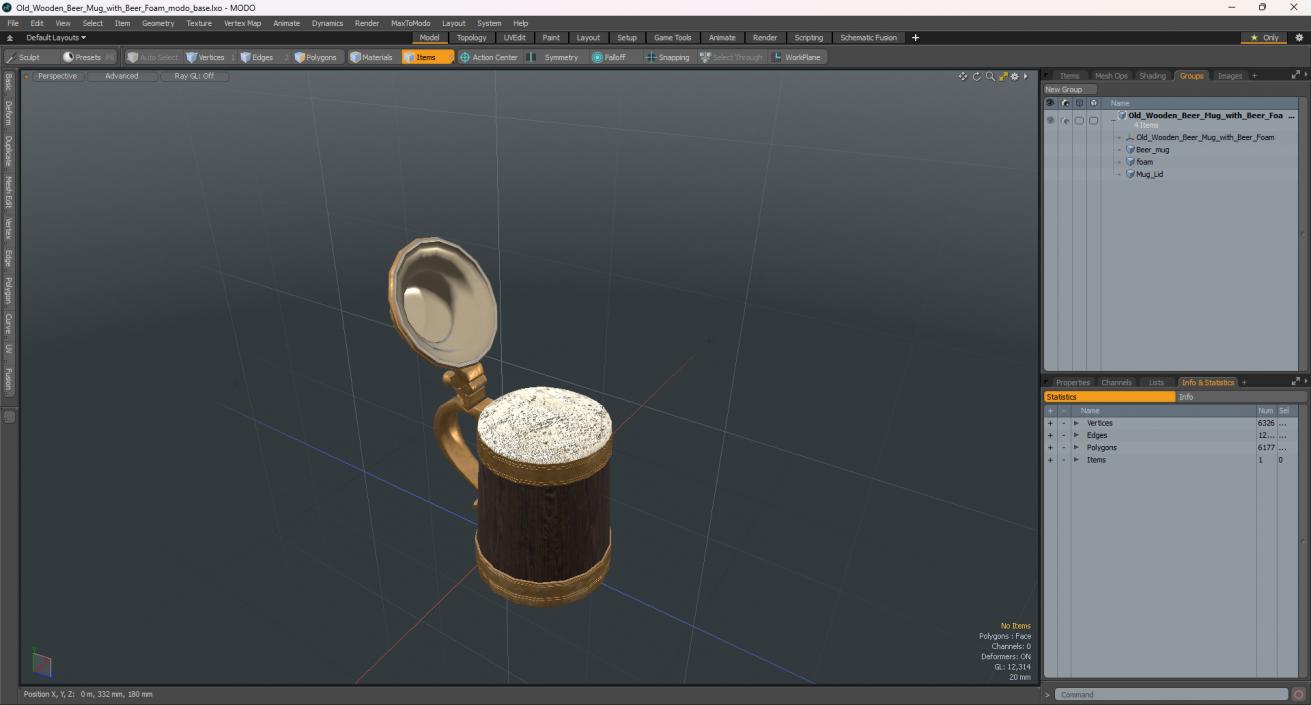 Old Wooden Beer Mug with Beer Foam 3D model