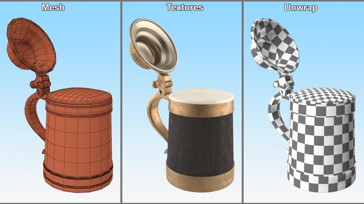 Old Wooden Beer Mug with Beer Foam 3D model