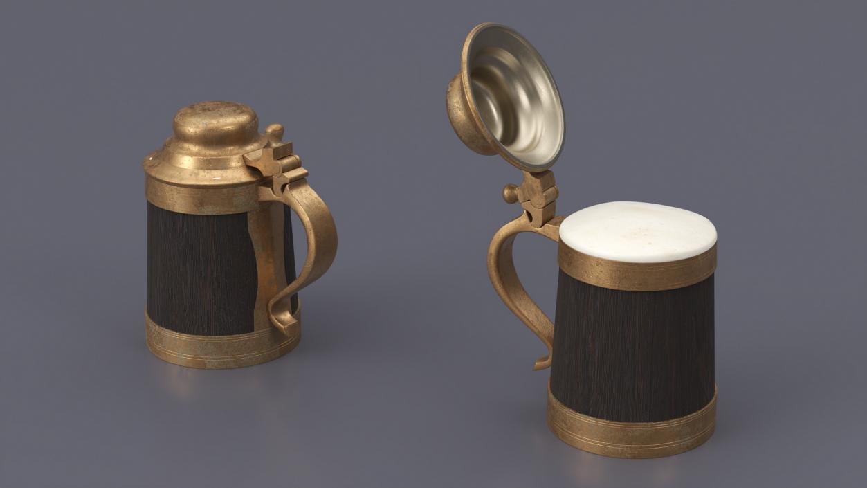 Old Wooden Beer Mug with Beer Foam 3D model