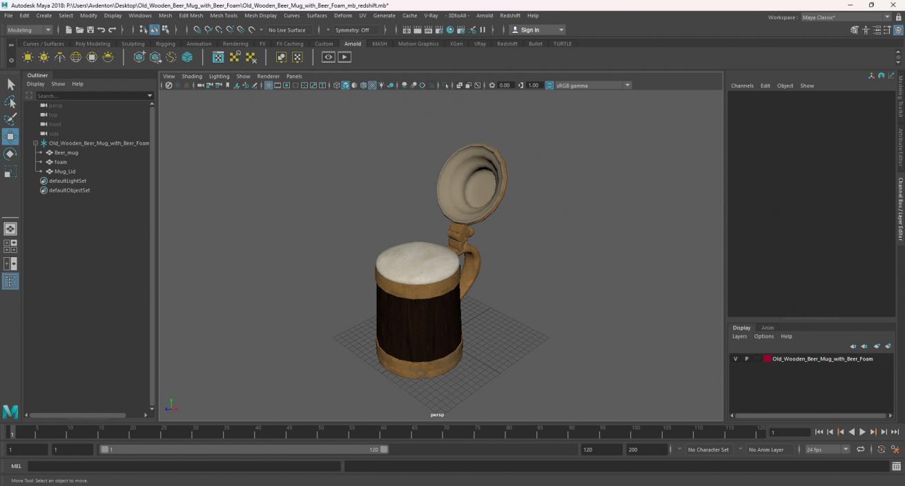 Old Wooden Beer Mug with Beer Foam 3D model