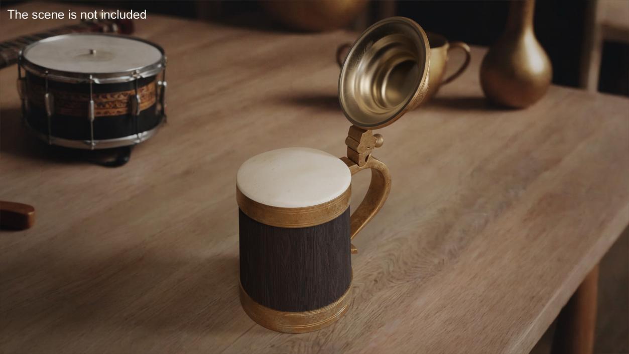 Old Wooden Beer Mug with Beer Foam 3D model