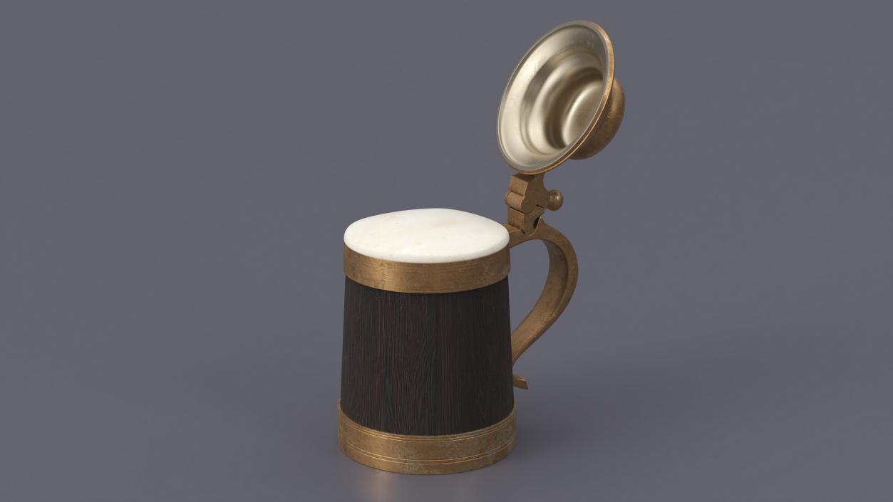 Old Wooden Beer Mug with Beer Foam 3D model