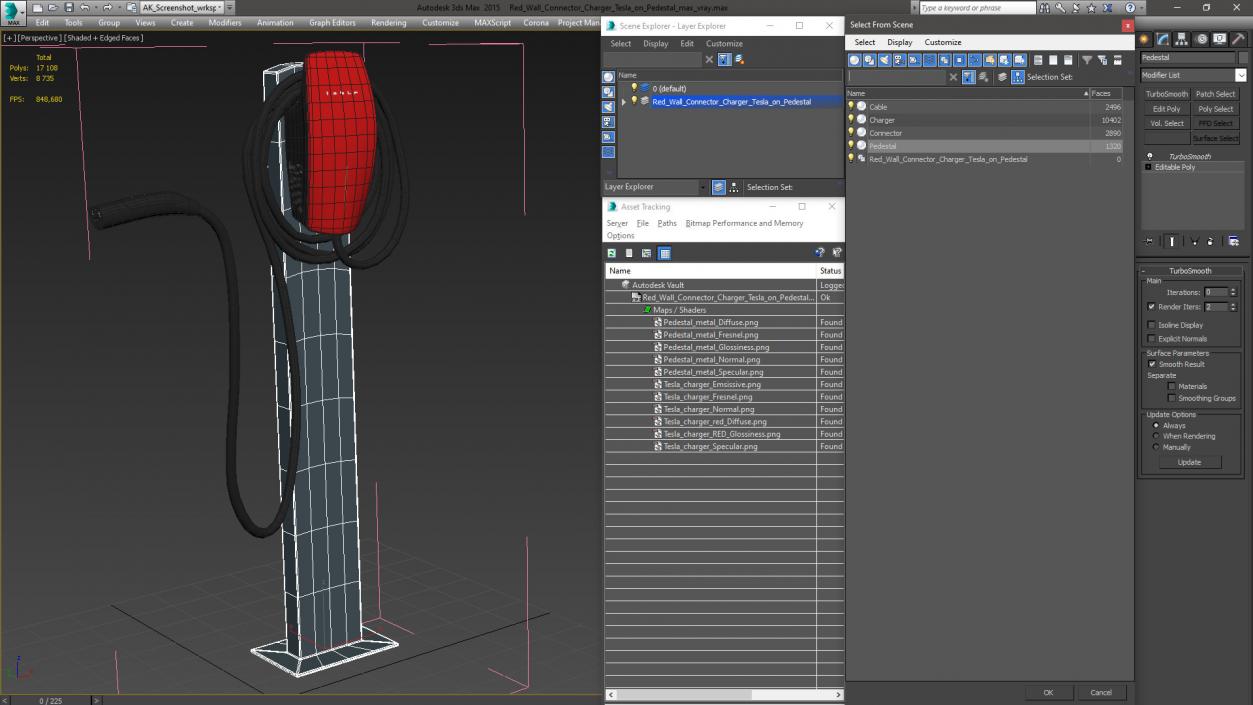 Red Wall Connector Charger Tesla on Pedestal 3D model