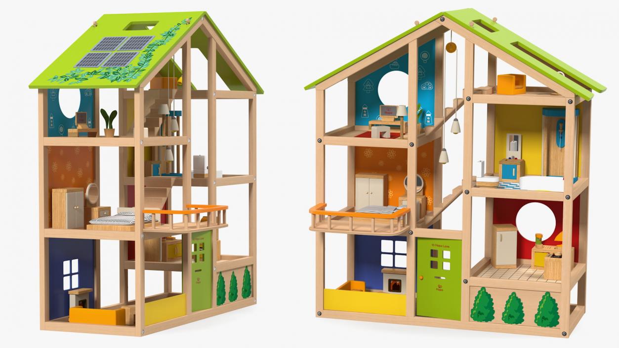 3D All Seasons Kids Wooden Dollhouse by Hape Furnished