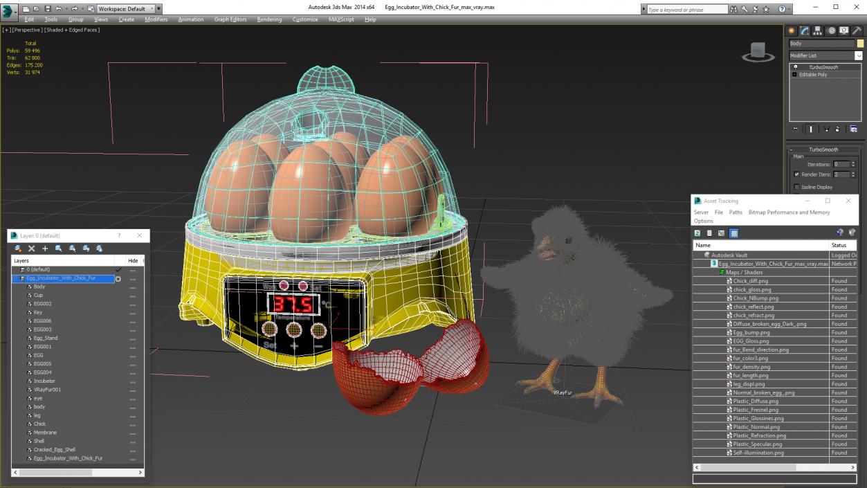 3D Egg Incubator With Chick Fur model