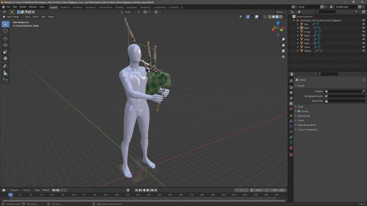 3D Mannequin with Scottish Green Bagpipes model