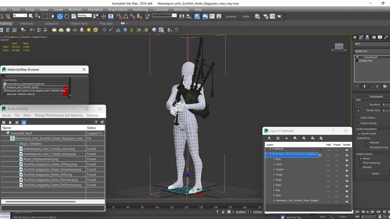 3D Mannequin with Scottish Green Bagpipes model