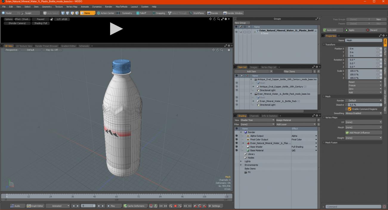 3D model Evian Natural Mineral Water 1L Plastic Bottle