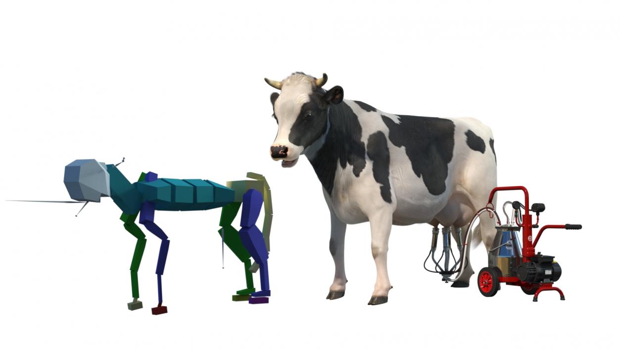 3D Dairy Cow with Milking Machine Rigged Fur