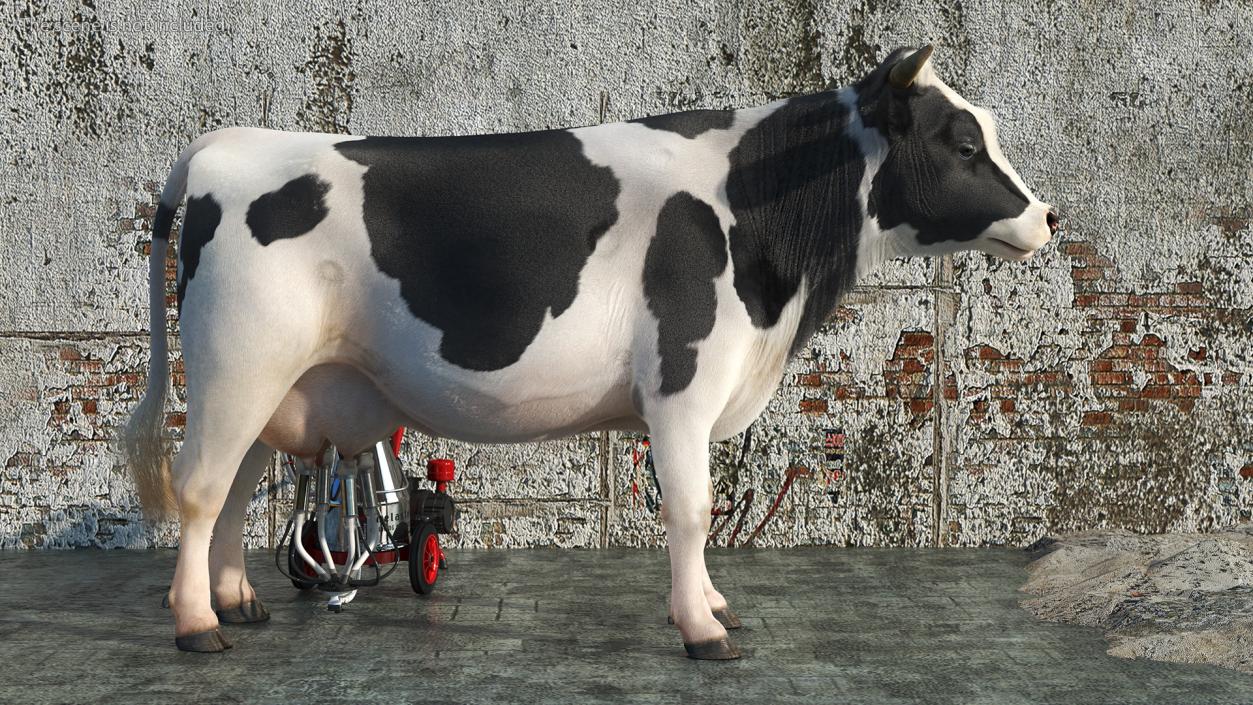 3D Dairy Cow with Milking Machine Rigged Fur