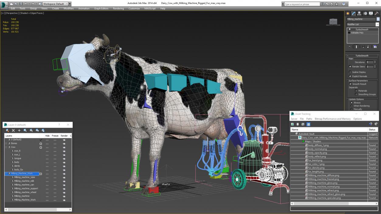 3D Dairy Cow with Milking Machine Rigged Fur