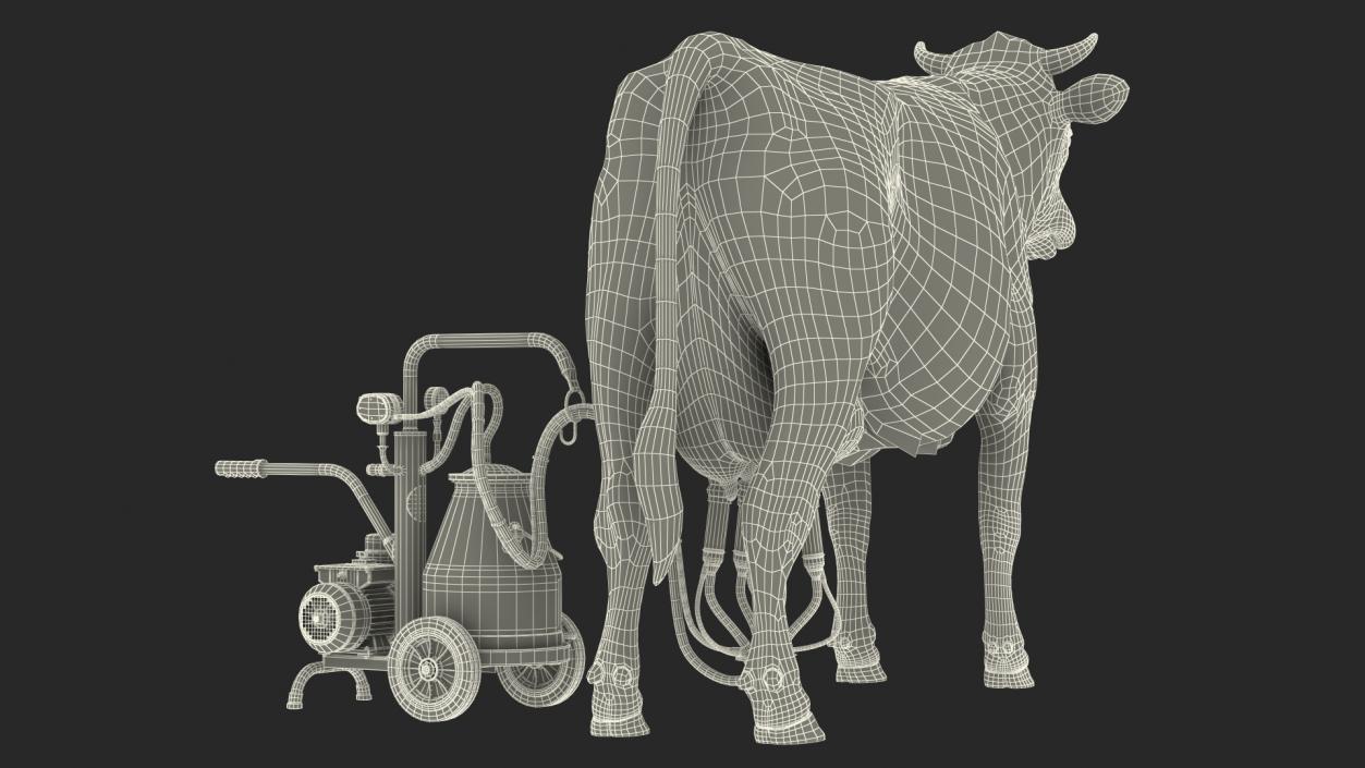 3D Dairy Cow with Milking Machine Rigged Fur