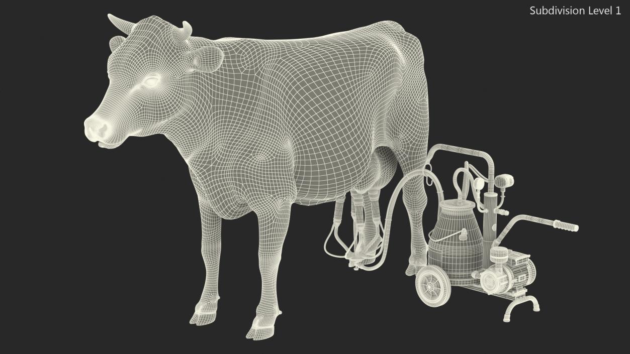 3D Dairy Cow with Milking Machine Rigged Fur