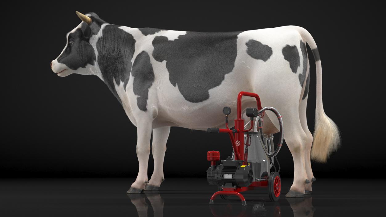 3D Dairy Cow with Milking Machine Rigged Fur