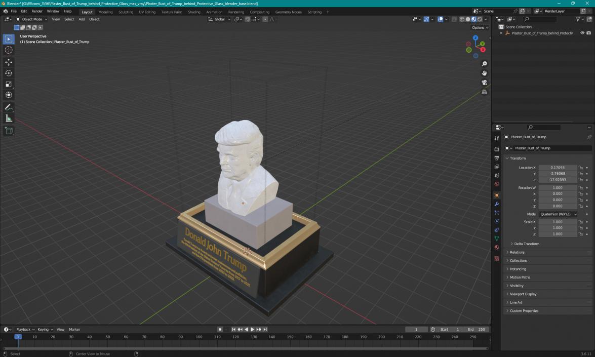 3D model Plaster Bust of Trump behind Protective Glass