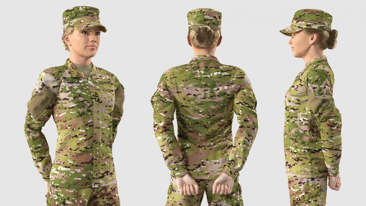 Female Soldier Camo Standing Pose Fur 3D