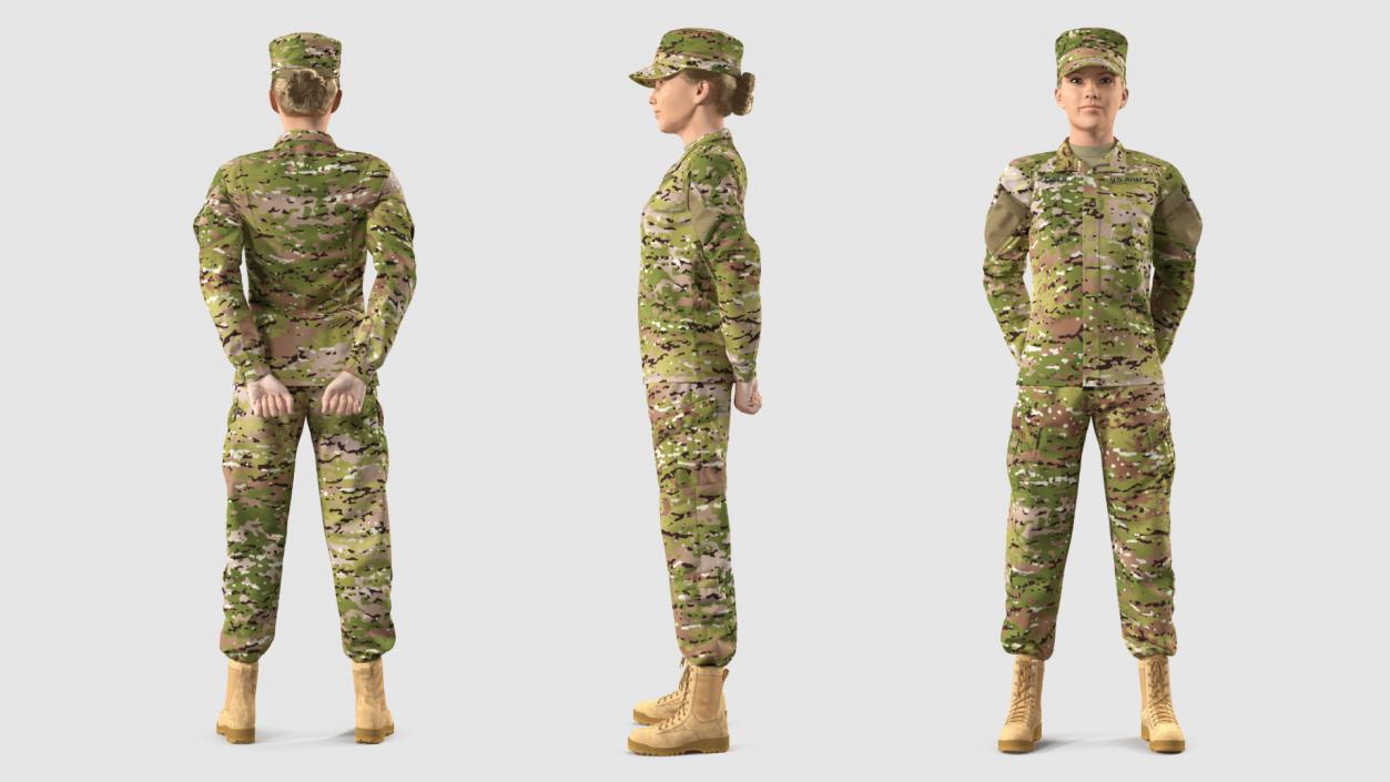 Female Soldier Camo Standing Pose Fur 3D