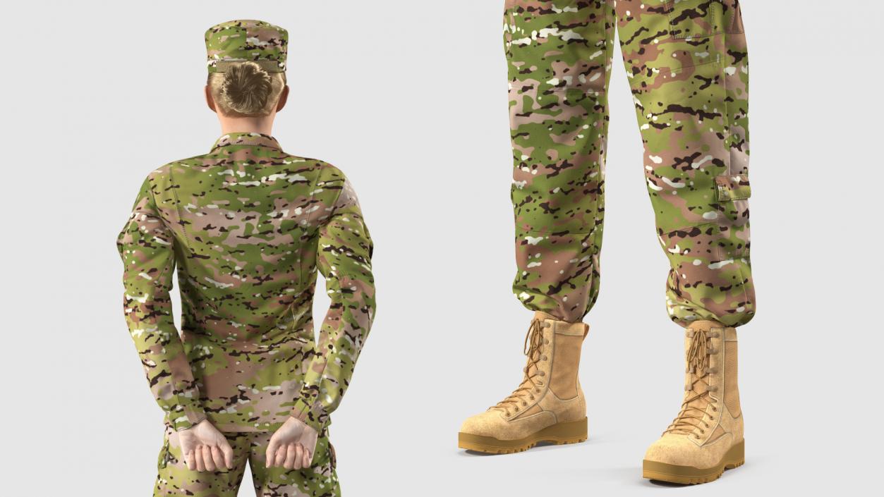 Female Soldier Camo Standing Pose Fur 3D