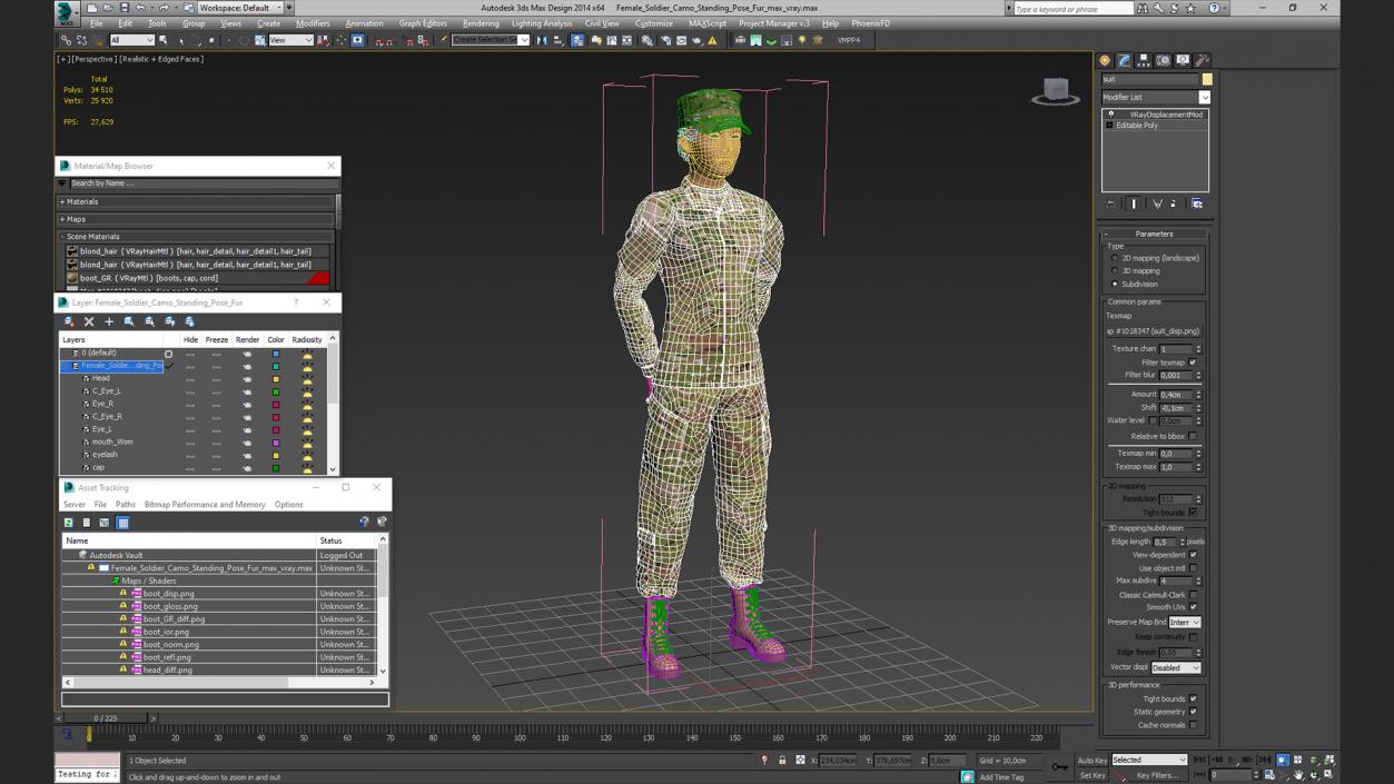 Female Soldier Camo Standing Pose Fur 3D