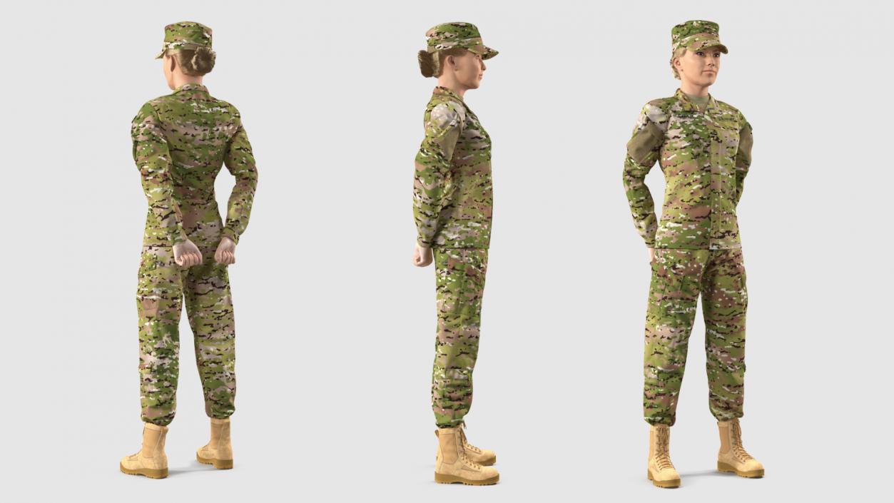 Female Soldier Camo Standing Pose Fur 3D