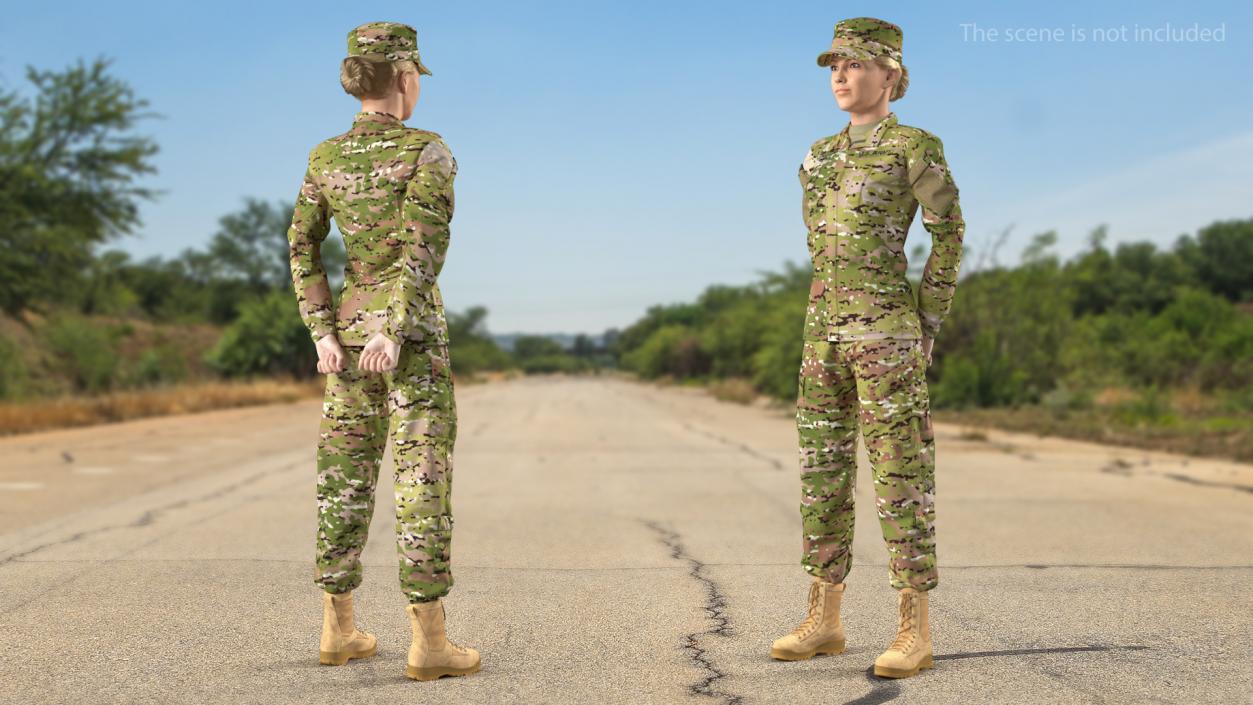 Female Soldier Camo Standing Pose Fur 3D