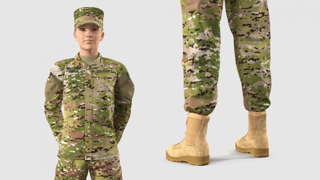 Female Soldier Camo Standing Pose Fur 3D